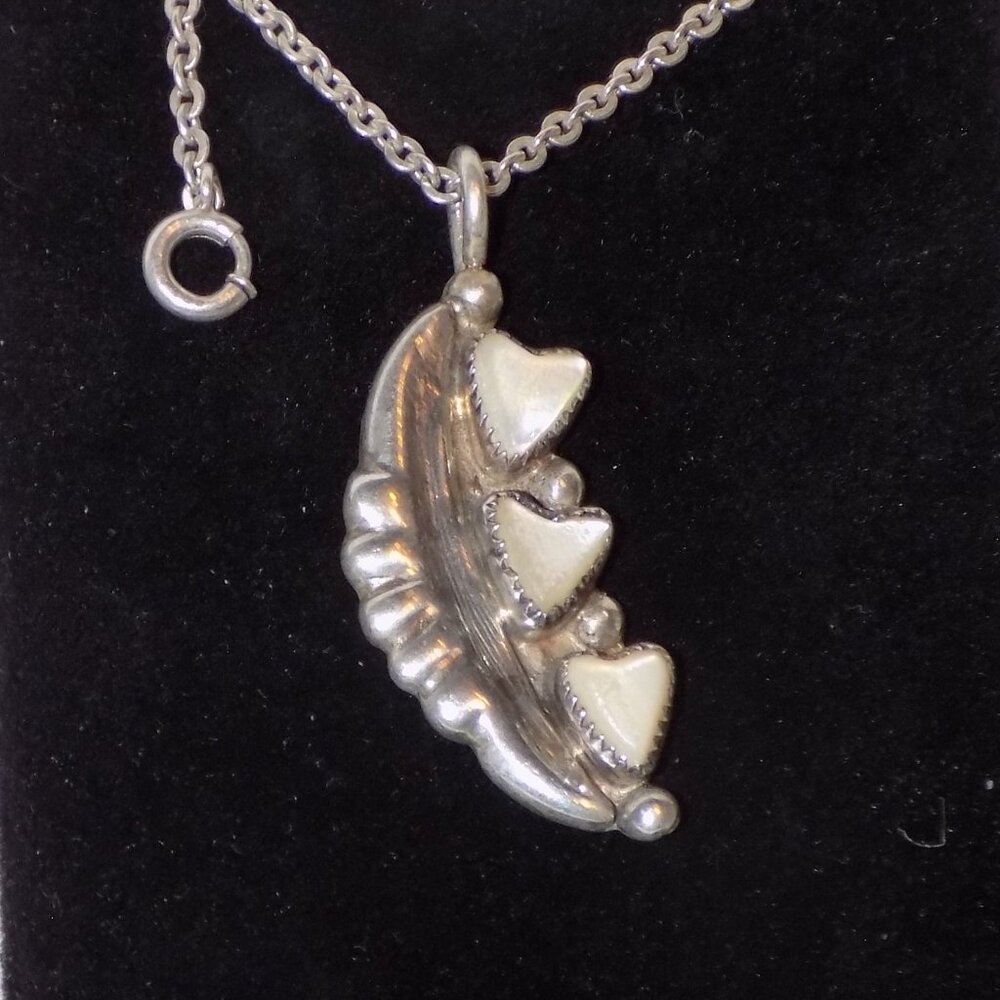Robert Iule Zuni Sterling Silver Moonstone Hearts Pendant Necklace, Rare Design